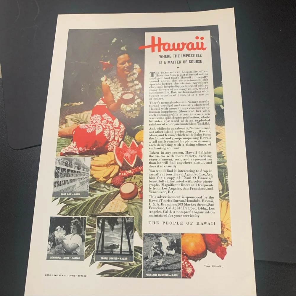 Vintage 1940 Hawaii Where The Impossible Is A Matter Of Course Ad Advertisement